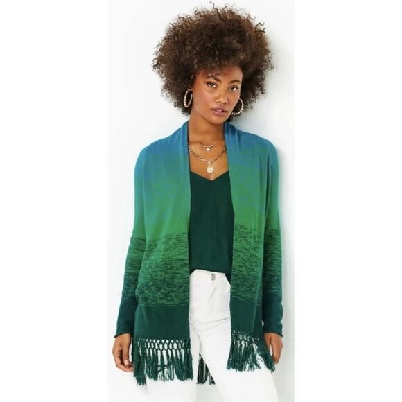 Lilly Pulitzer Tatum Ombre Cardigan Evergreen Marled Green Fringe Trim Large - Picture 1 of 8